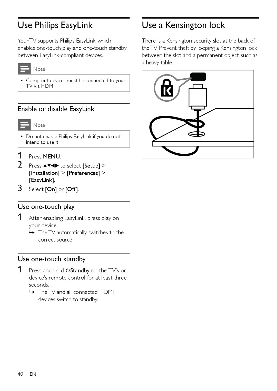 Philips 22HFL4371D/10 Use Philips EasyLink, Use a Kensington lock, Enable or disable EasyLink, Use one-touch play 