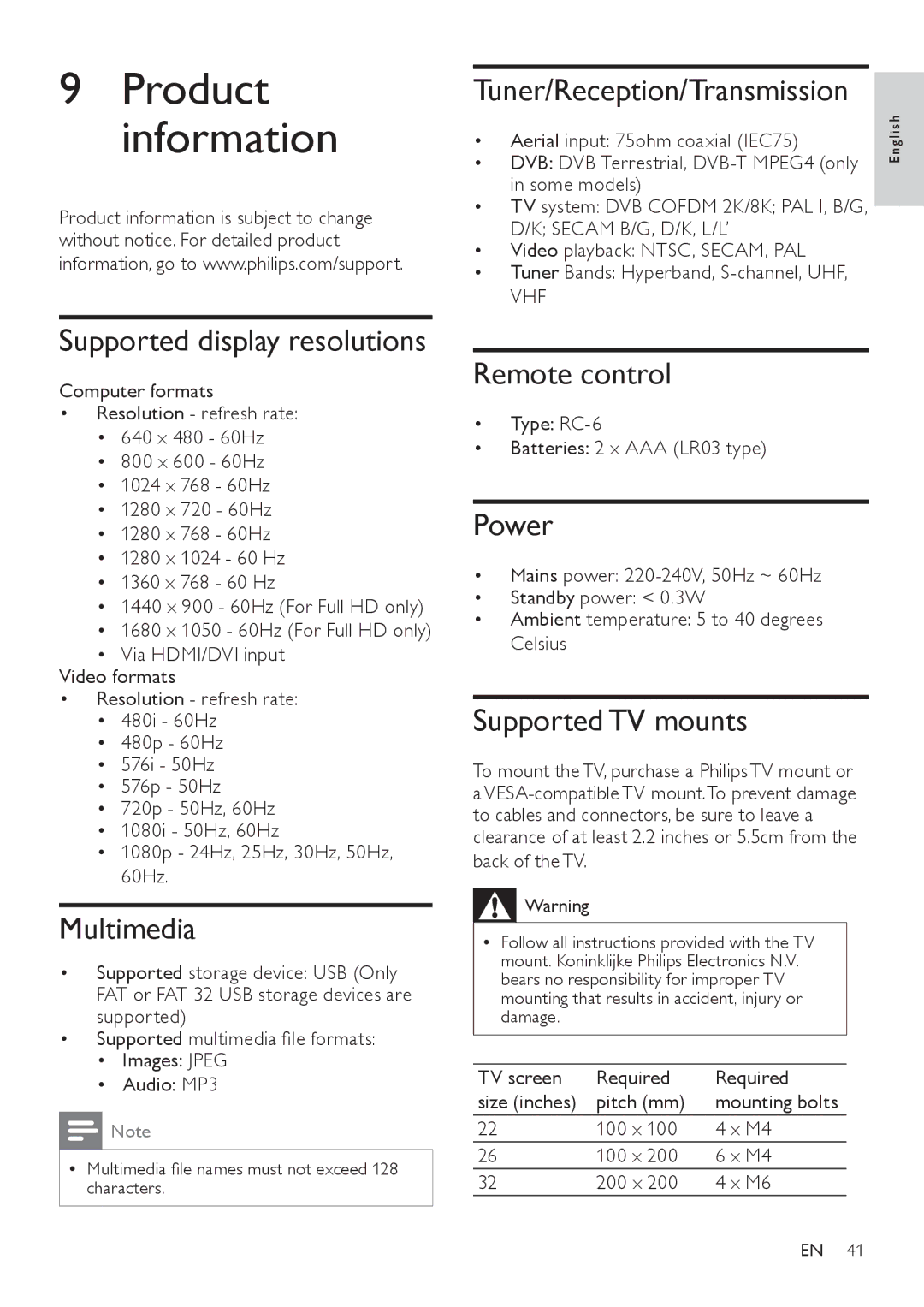 Philips 32HFL4351D/10, 26HFL3331D/10, 26HFL4371D/10, 22HFL4371D/10, 19HFL3331D/10 user manual Product information 