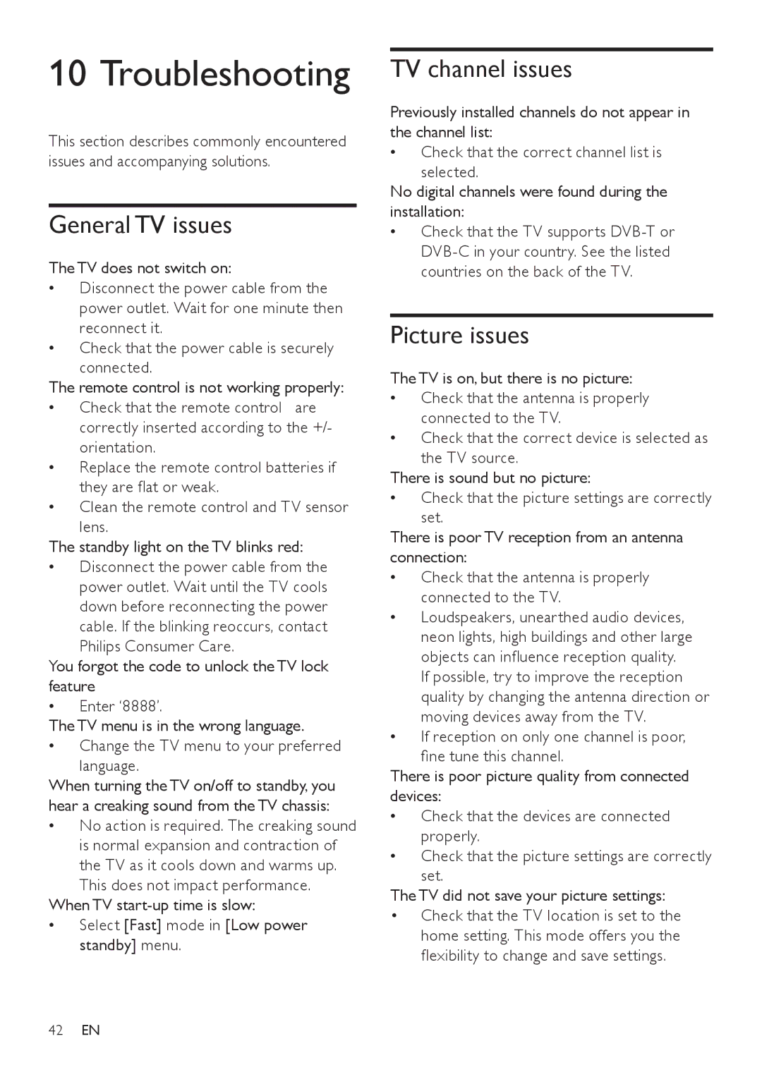 Philips 19HFL3331D/10, 26HFL3331D/10, 26HFL4371D/10 Troubleshooting, General TV issues, TV channel issues, Picture issues 