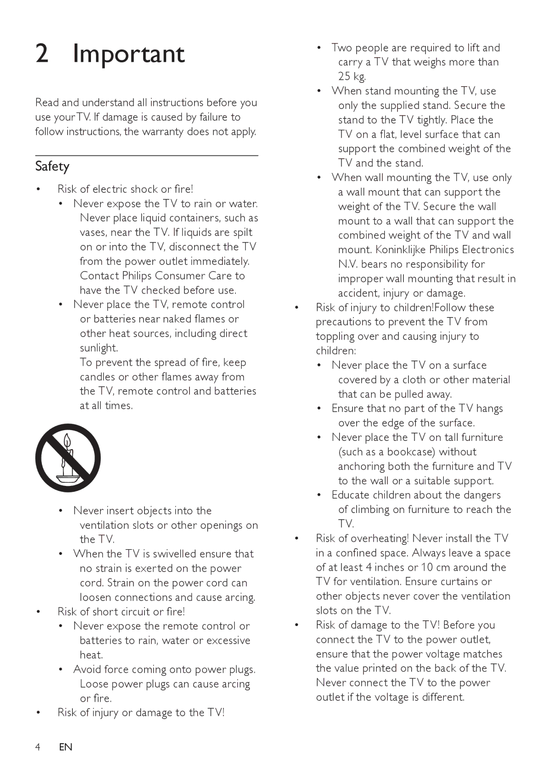 Philips 26HFL4371D/10, 26HFL3331D/10, 22HFL4371D/10, 32HFL4351D/10, 19HFL3331D/10 Safety, Risk of electric shock or fire 