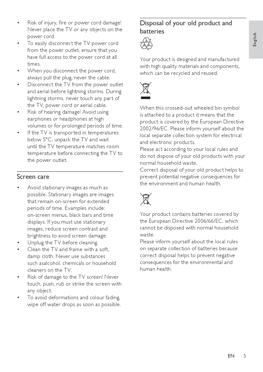 Philips 22HFL4371D/10, 26HFL3331D/10, 26HFL4371D/10, 32HFL4351D/10 Screen care, Disposal of your old product and batteries 