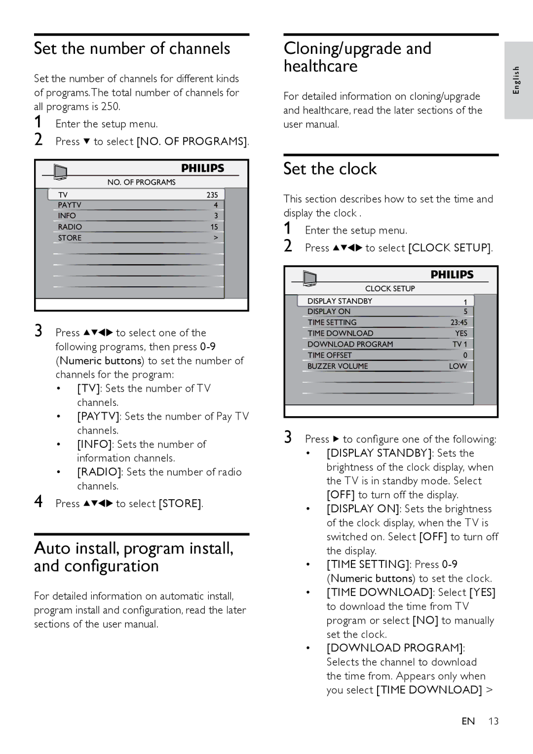 Philips 26HFL5870D/10 user manual Set the clock, Set the number of channels for different kinds, All programs is 