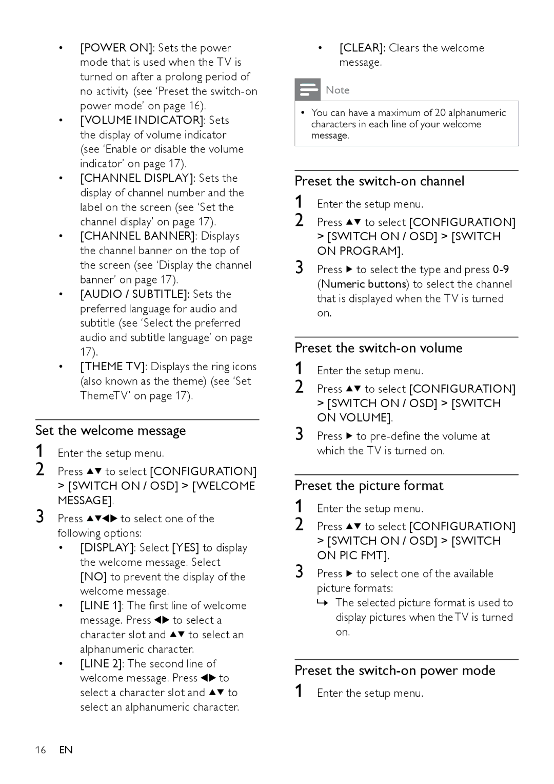 Philips 26HFL5870D/10 user manual Set the welcome message, Preset the switch-on channel, Preset the switch-on volume 