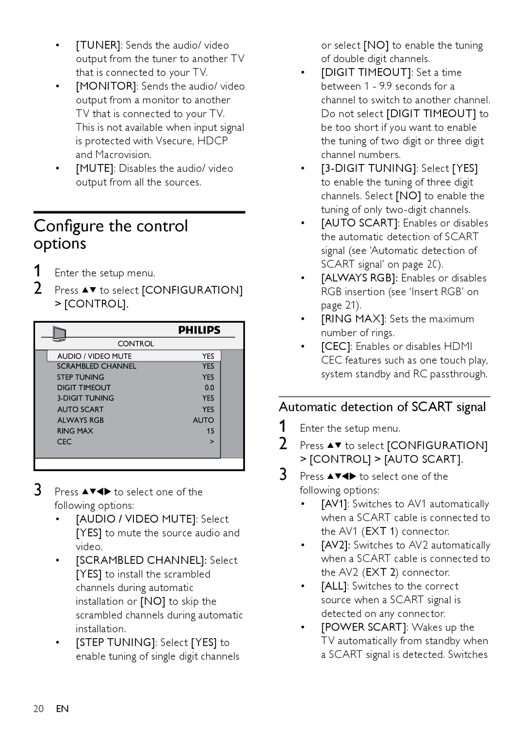 Philips 26HFL5870D/10 user manual Configure the control options, Automatic detection of Scart signal 