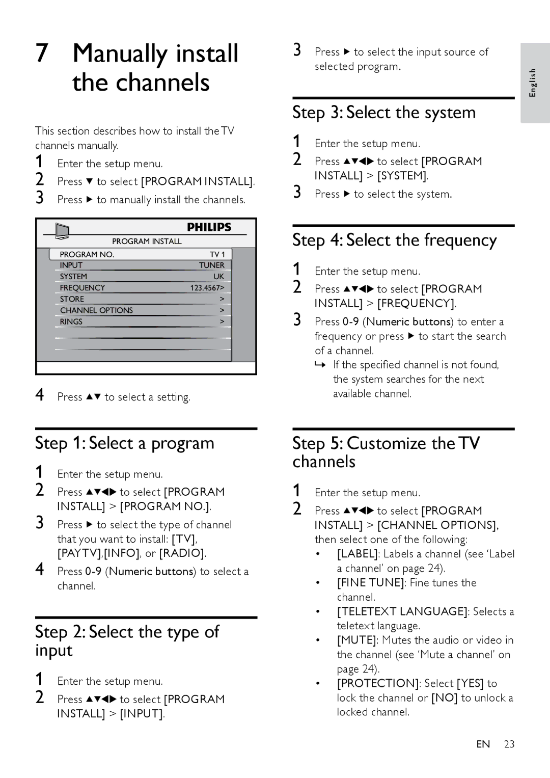 Philips 26HFL5870D/10 user manual Select the system, Select a program, Select the type of input, Customize the TV channels 