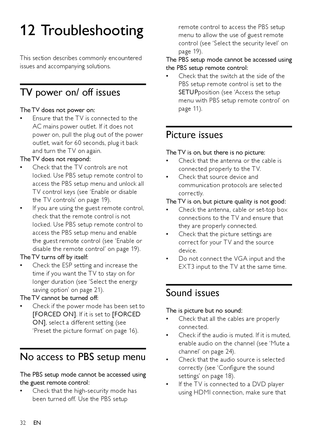 Philips 26HFL5870D/10 Troubleshooting, TV power on/ off issues, No access to PBS setup menu, Picture issues, Sound issues 