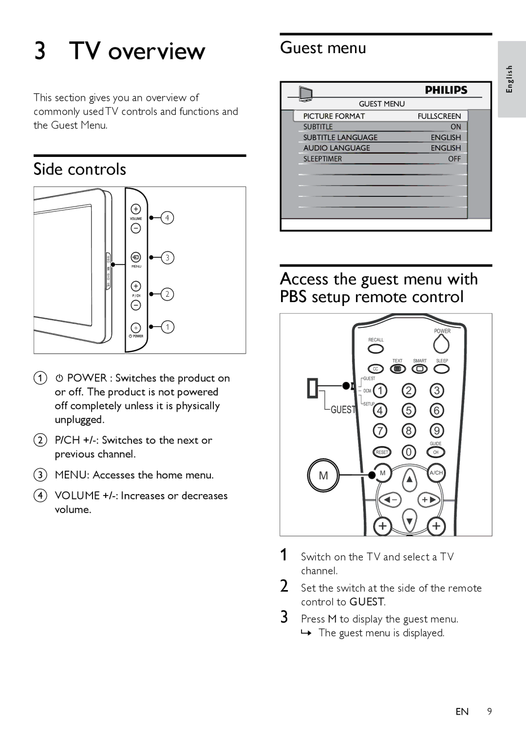 Philips 26HFL5870D/10 user manual TV overview, Side controls, Guest menu, » The guest menu is displayed 