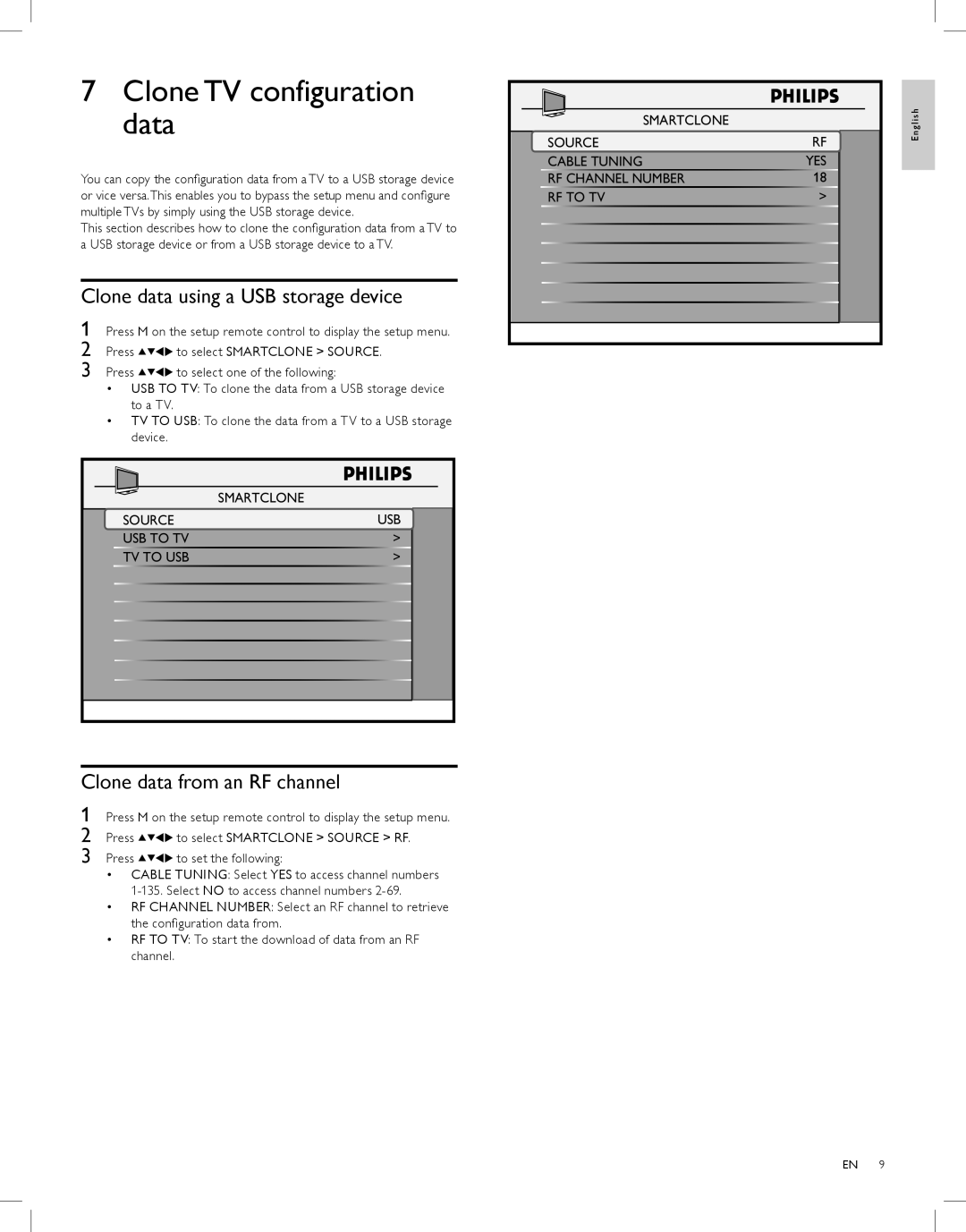 Philips 26HL5561L Clone TV configuration data, Clone data using a USB storage device, Clone data from an RF channel 