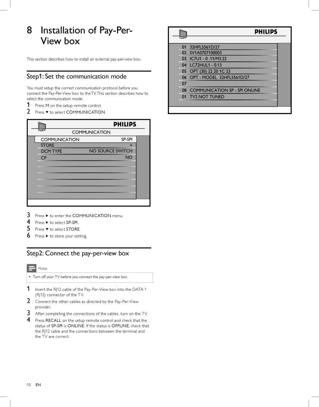 Philips 26HL5561L quick start Installation of Pay-Per- View box, Set the communication mode, Connect the pay-per-view box 