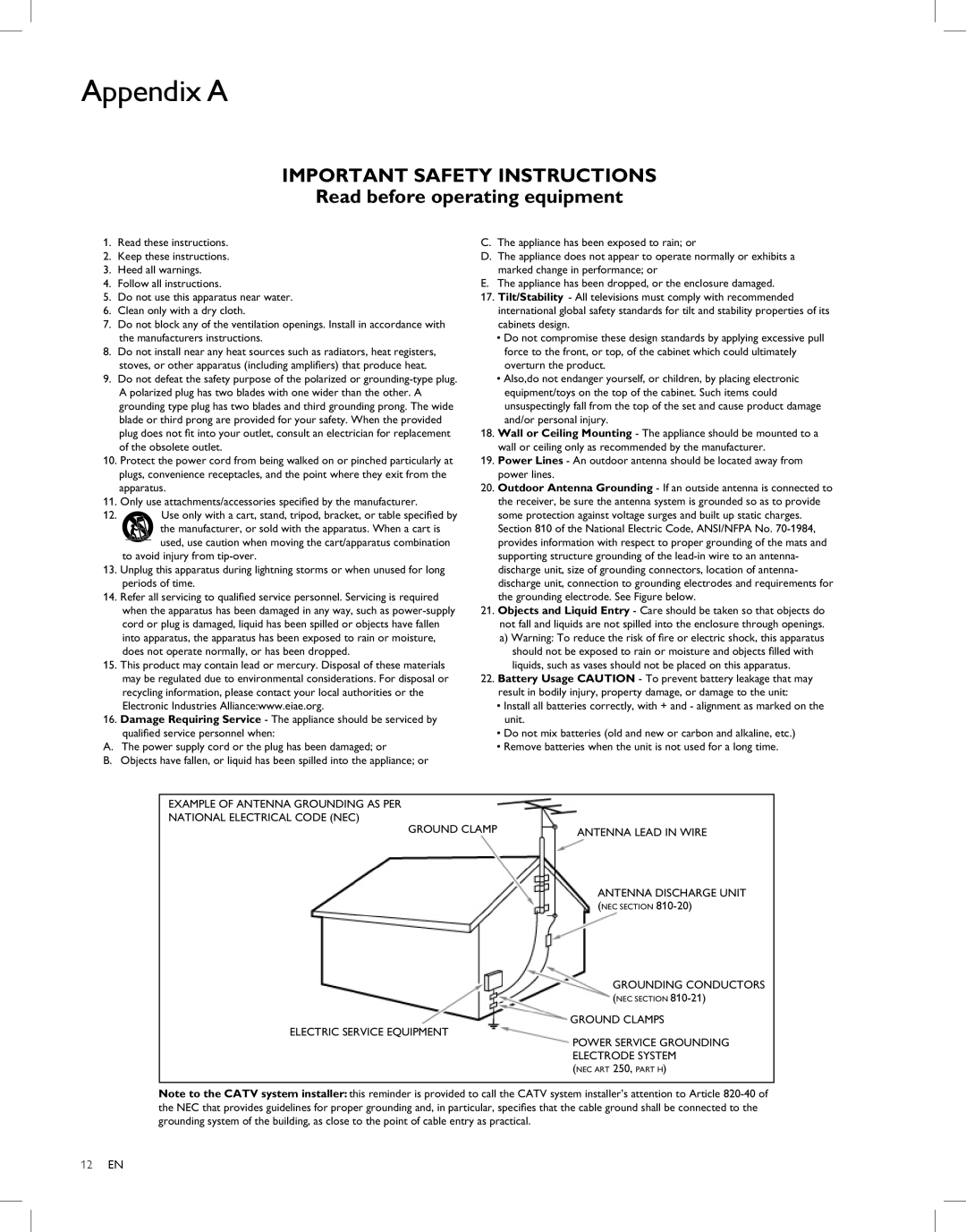 Philips 26HL5561L quick start Appendix a, Important Safety Instructions 