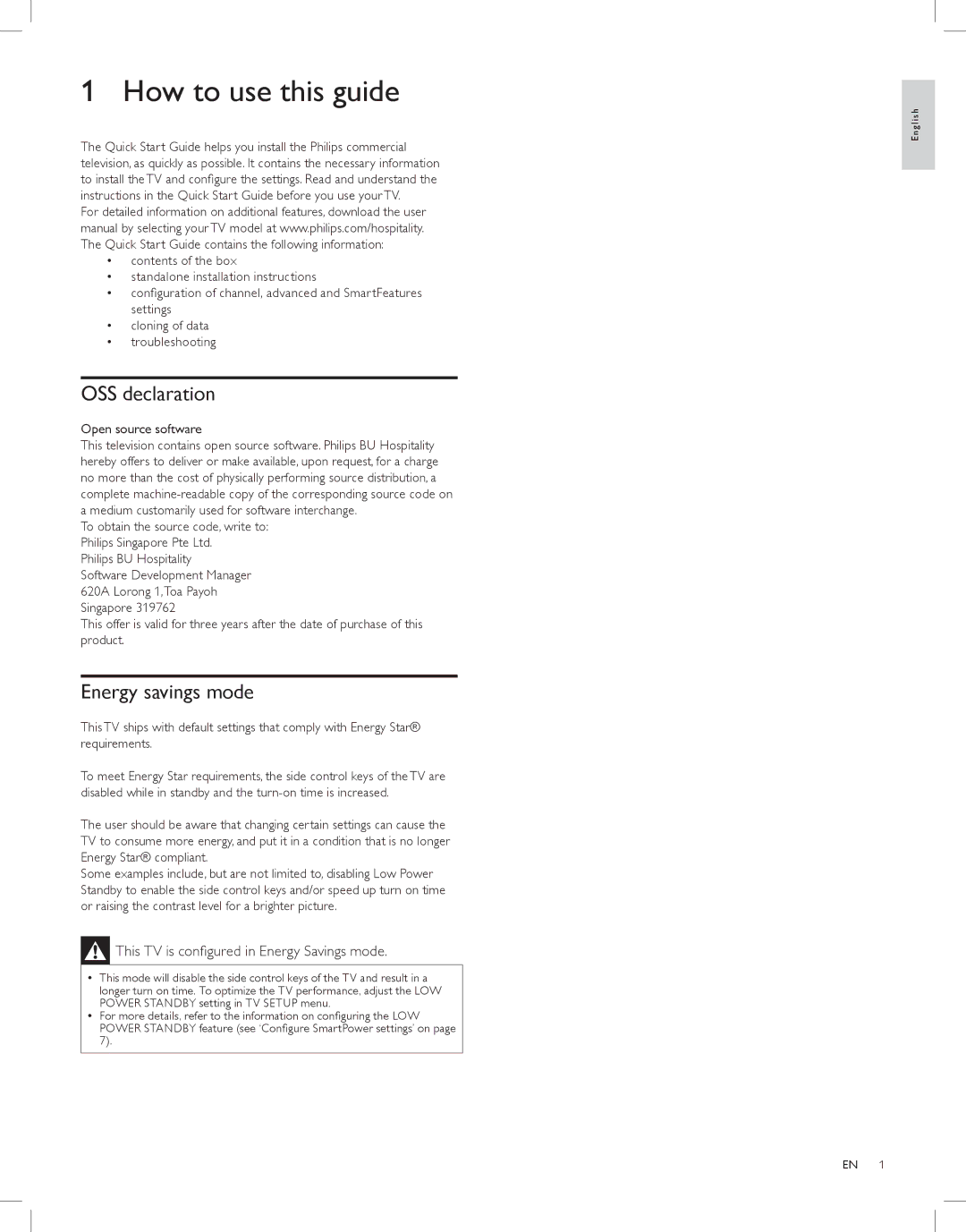 Philips 26HL5561L quick start How to use this guide, OSS declaration, Energy savings mode 