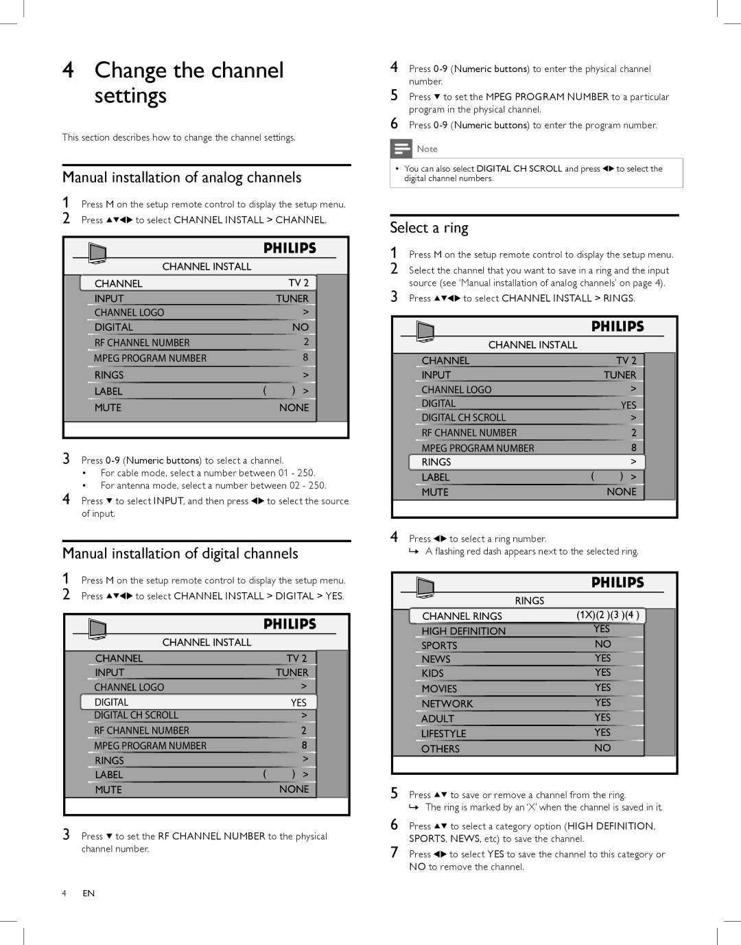 Philips 26HL5561L quick start Change the channel settings, Manual installation of analog channels, Select a ring 