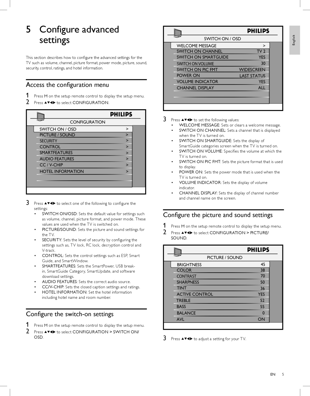 Philips 26HL5561L quick start Configure advanced settings, Access the configuration menu, Configure the switch-on settings 