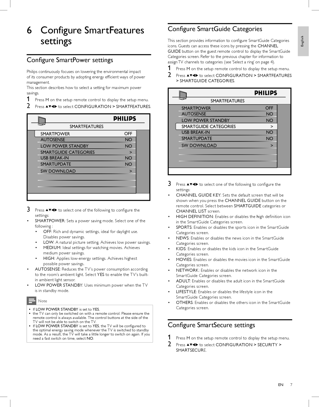 Philips 26HL5561L Configure SmartPower settings, Configure SmartGuide Categories, Configure SmartSecure settings 