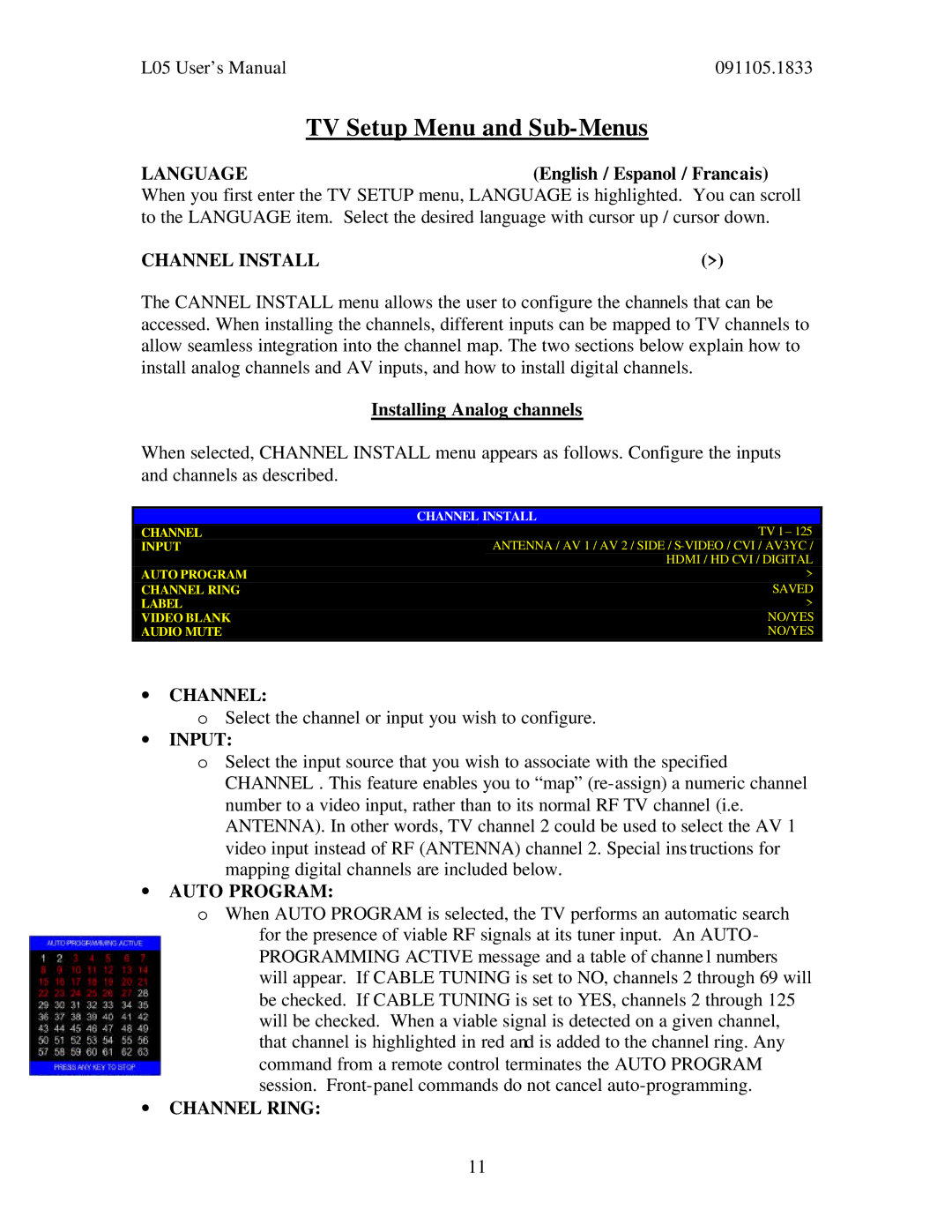 Philips 26HW9100D, 30HW9100D user manual TV Setup Menu and Sub-Menus 