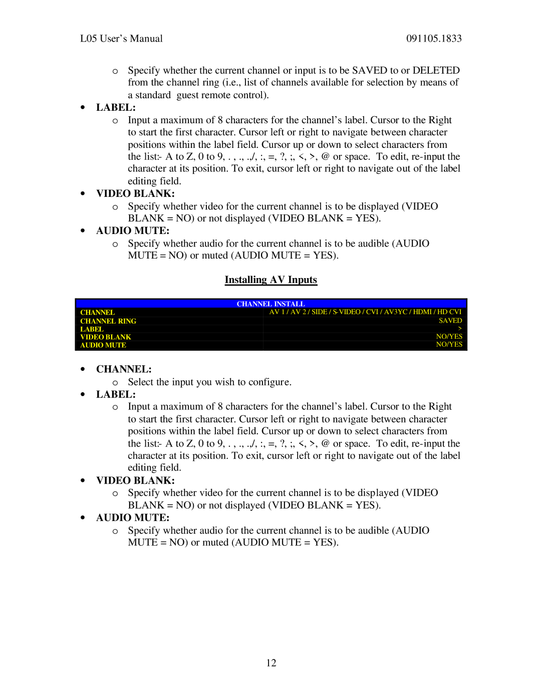 Philips 26HW9100D, 30HW9100D user manual ∙ Label, ∙ Video Blank, ∙ Audio Mute, Installing AV Inputs 