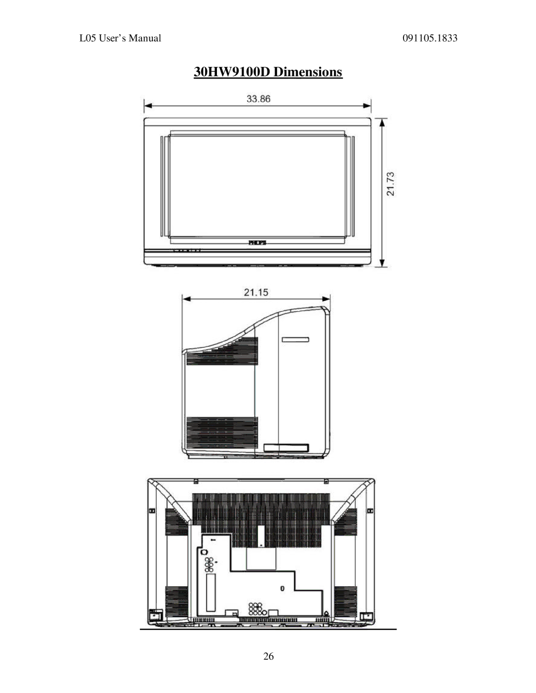 Philips 26HW9100D, 30HW9100D user manual 30HW9100D Dimensions 