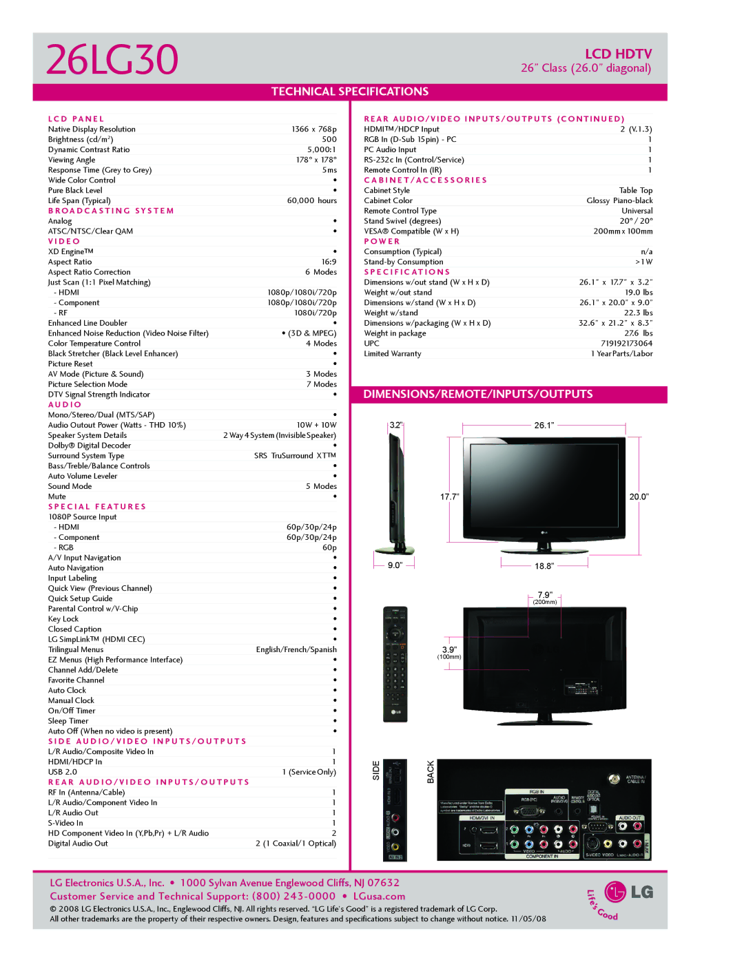 Philips 26LG30 manual Technical Specifications, Dimensions/Remote/Inputs/Outputs 