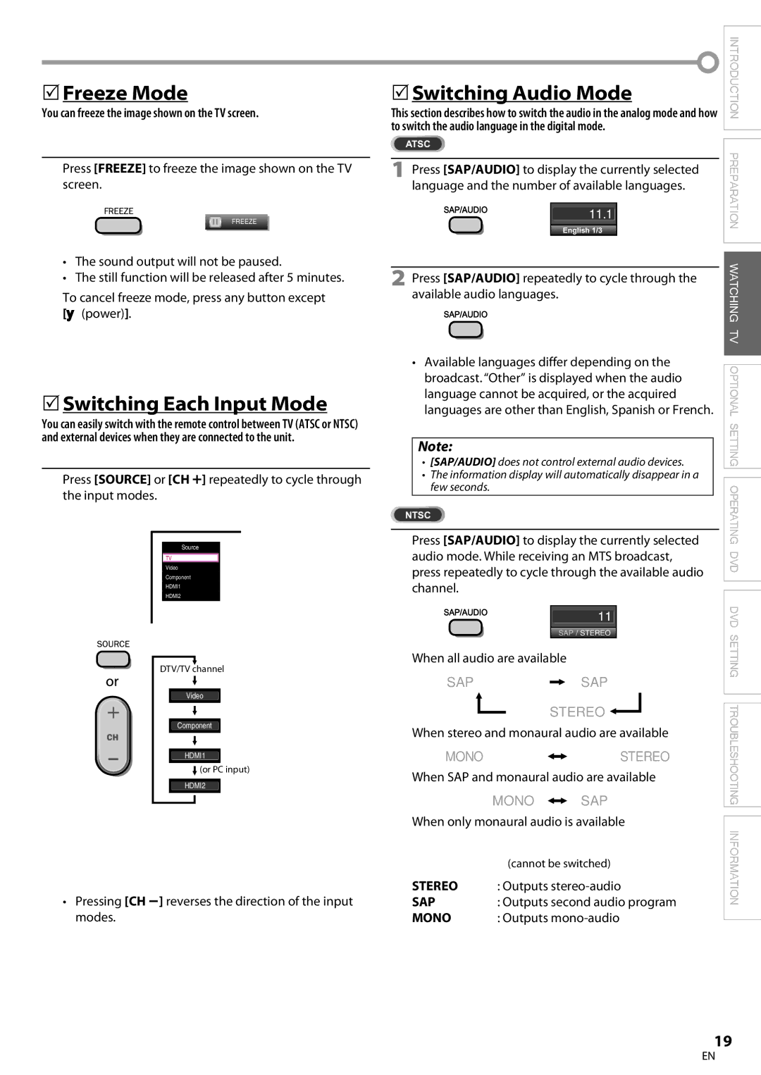 Philips 26MD350B/F7 owner manual  Freeze Mode,  Switching Each Input Mode, Switching Audio Mode 