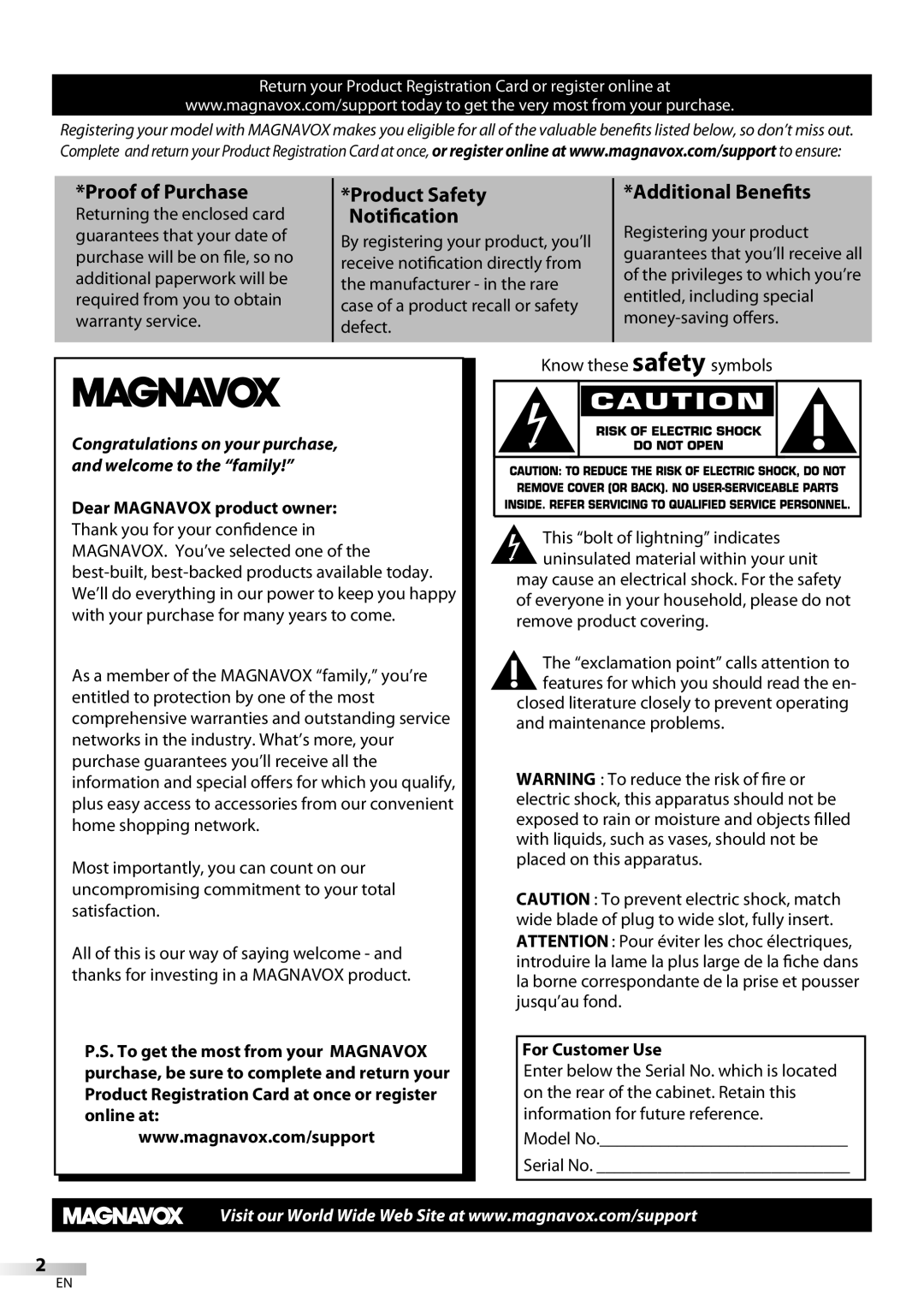 Philips 26MD350B/F7 owner manual Notification, For Customer Use 