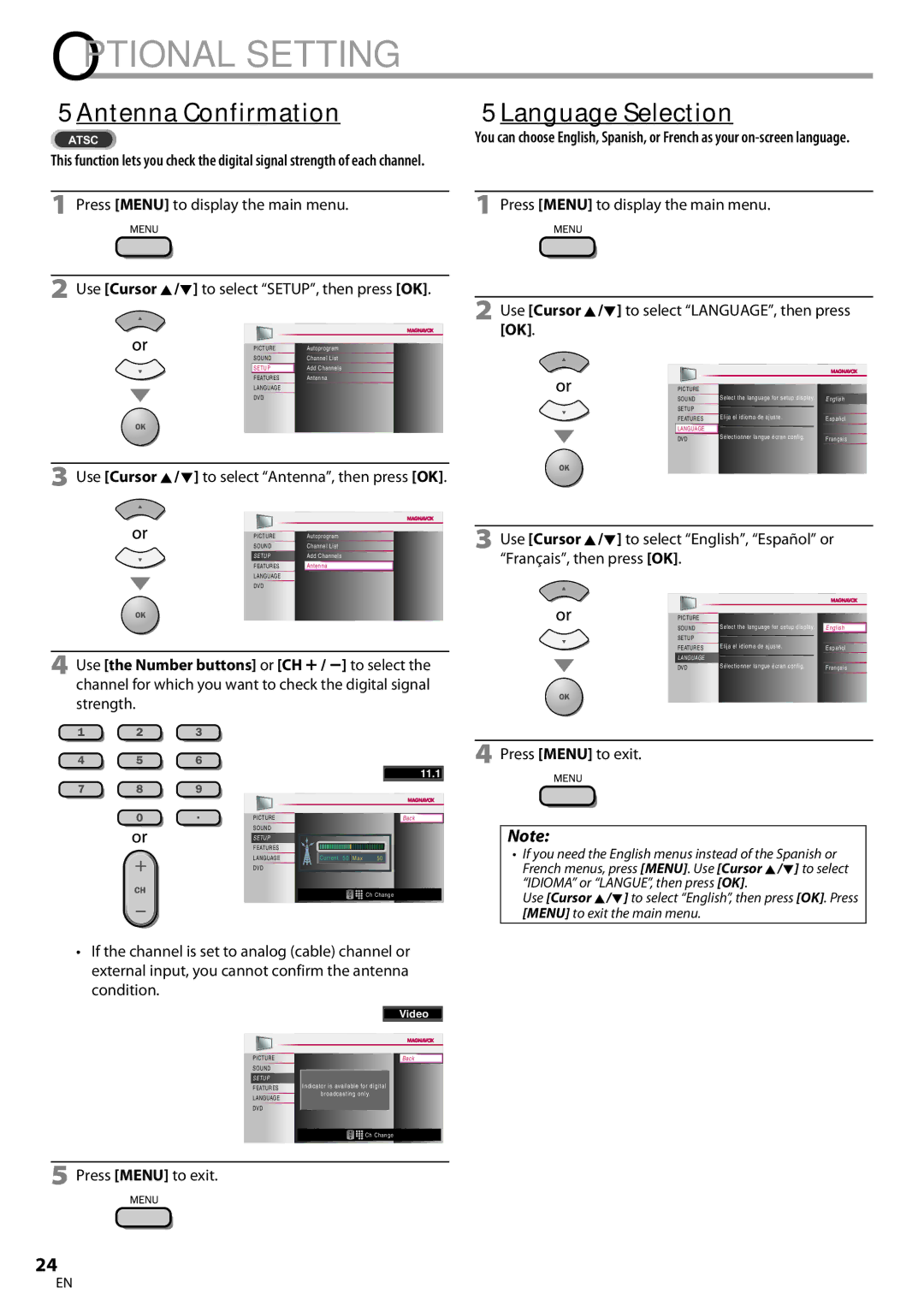 Philips 26MD350B/F7  Antenna Confirmation,  Language Selection, Use Cursor K/L to select Antenna, then press OK 