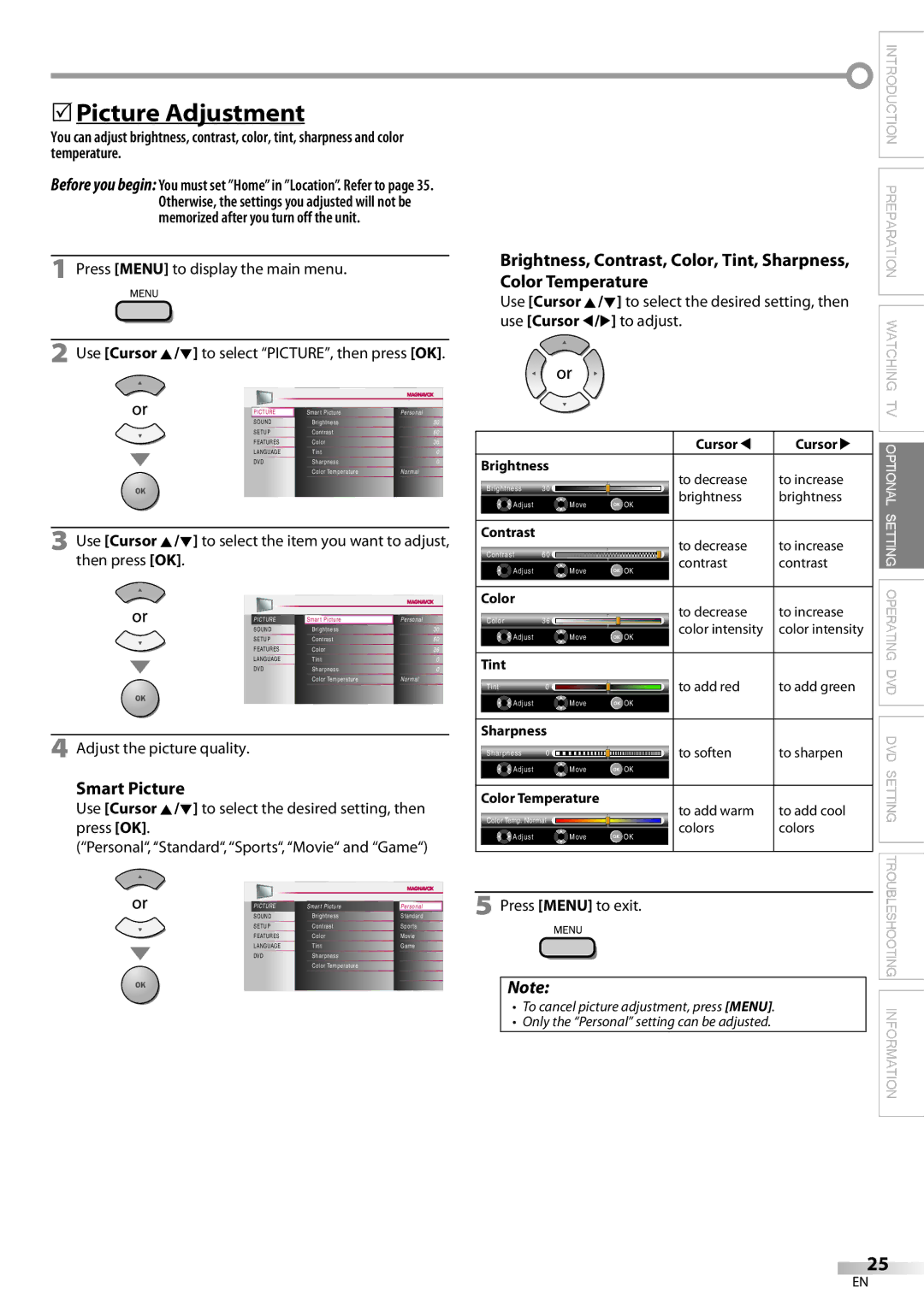 Philips 26MD350B/F7 owner manual  Picture Adjustment, Smart Picture, Adjust the picture quality 