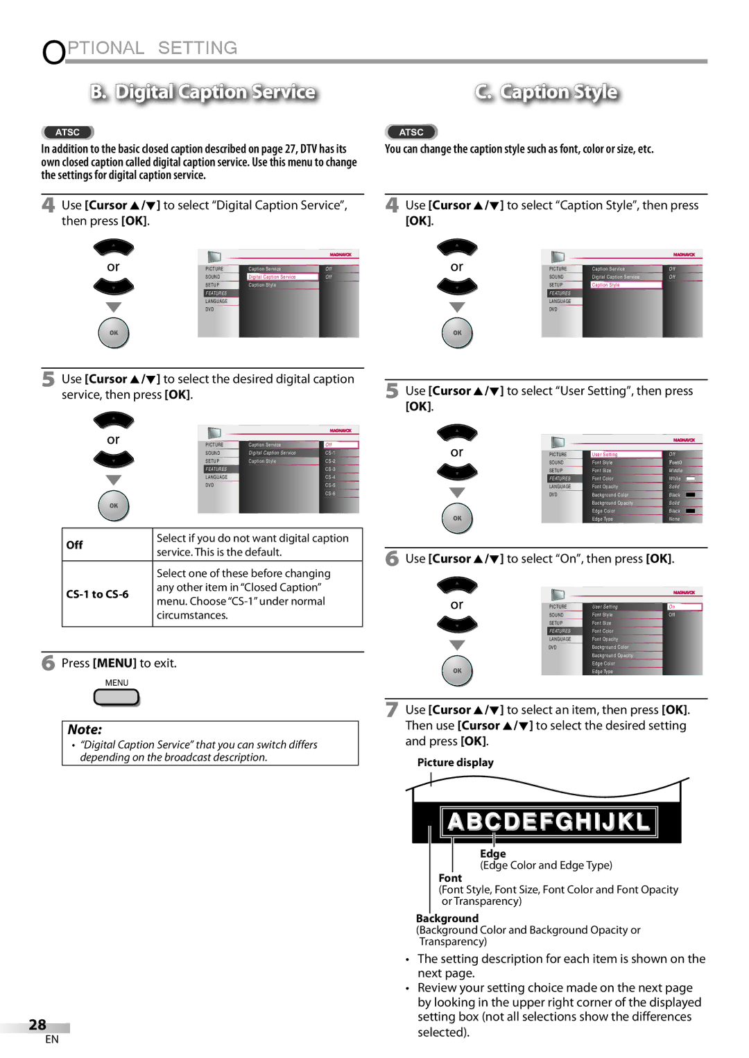 Philips 26MD350B/F7 owner manual To select Digital Caption Service, Use Cursor K/L to select On, then press OK 