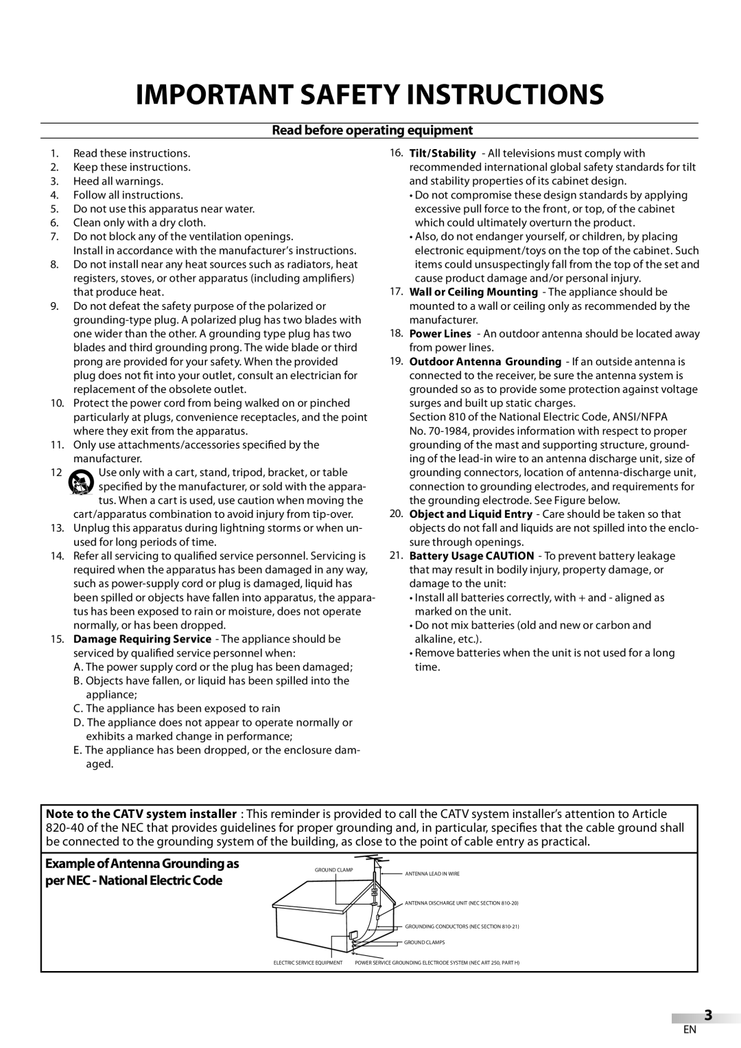 Philips 26MD350B/F7 owner manual Important Safety Instructions, Read before operating equipment 