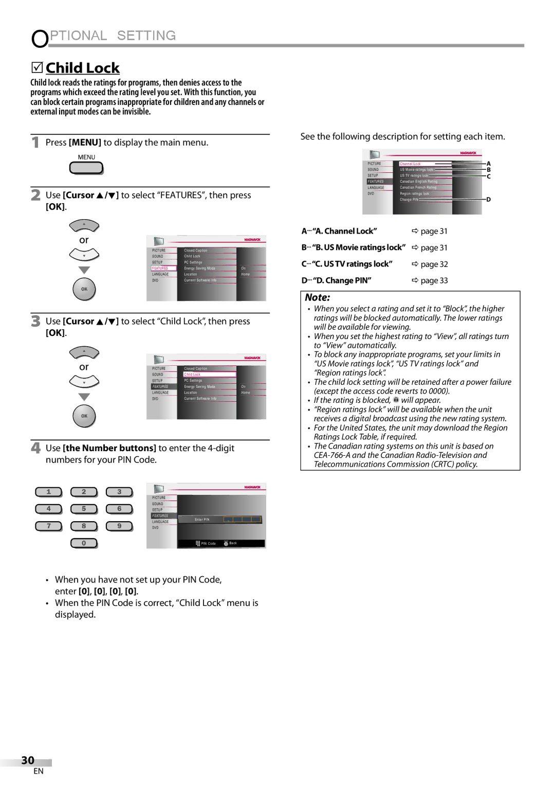 Philips 26MD350B/F7 owner manual  Child Lock, Use Cursor K/L to select Child Lock, then press, Channel Lock, Change PIN 