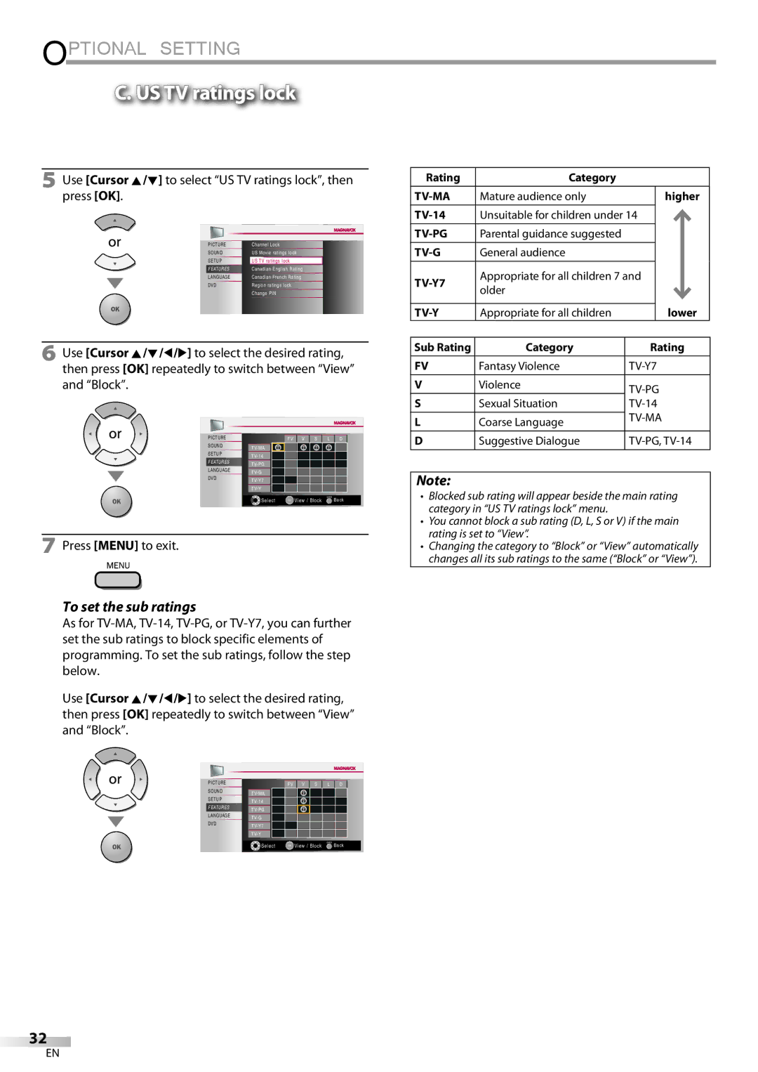 Philips 26MD350B/F7 owner manual To set the sub ratings, Use Cursor K/L to select US TV ratings lock, then press OK 