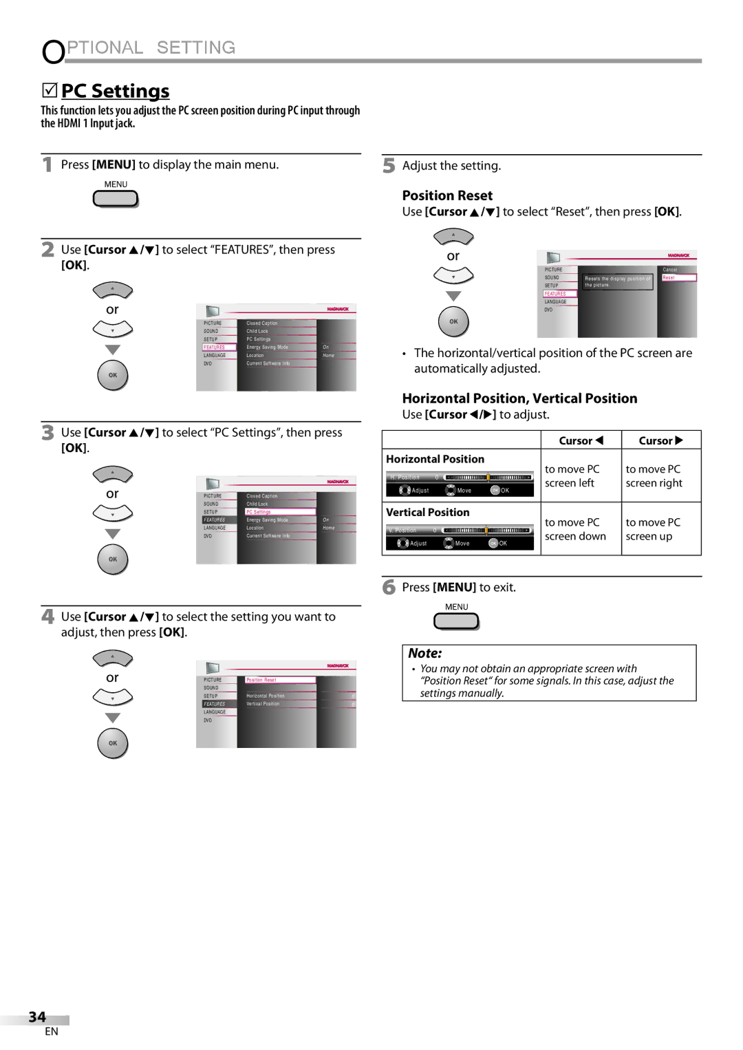 Philips 26MD350B/F7  PC Settings, Position Reset, Horizontal Position, Vertical Position, Use Cursor s/B to adjust 