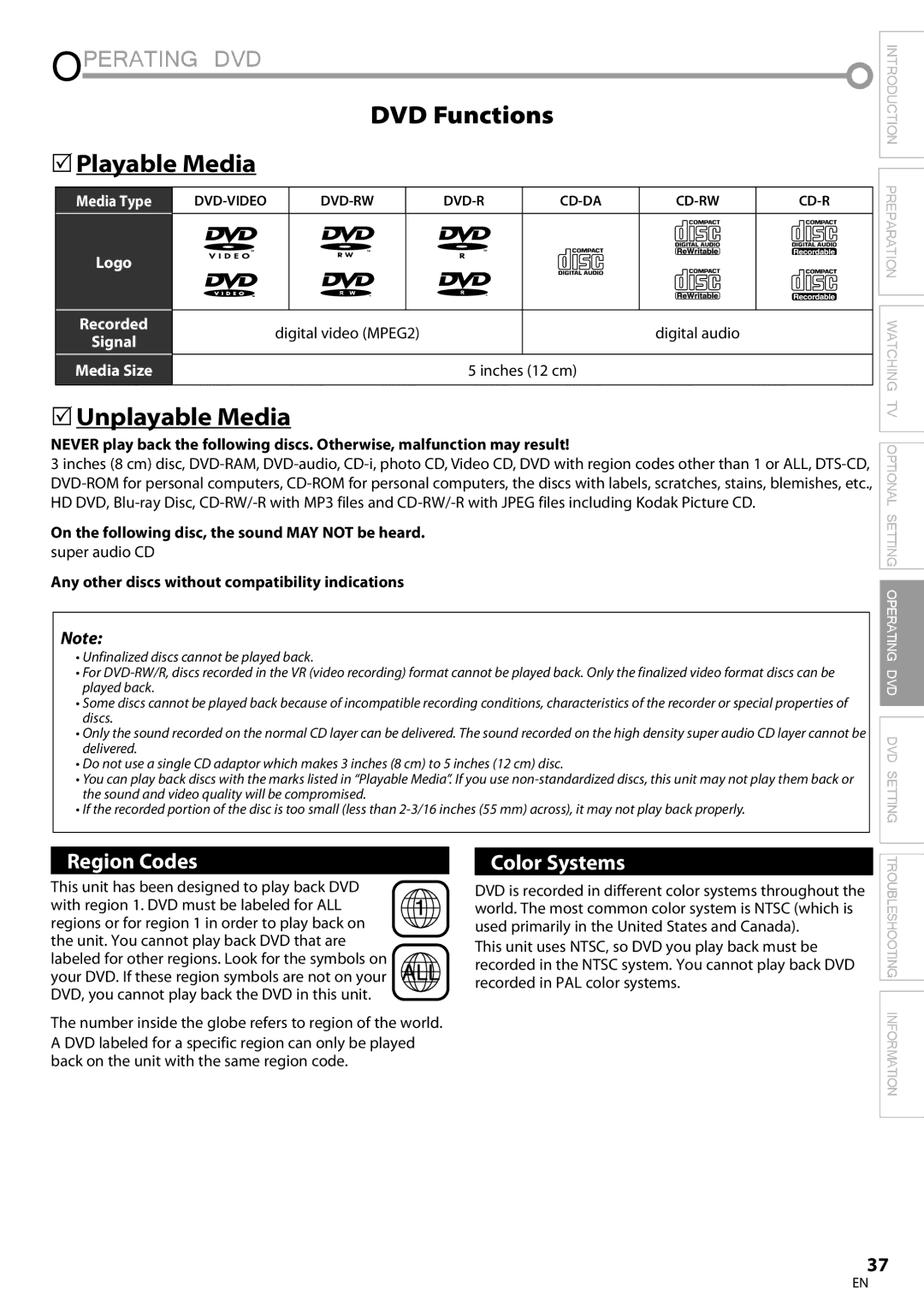 Philips 26MD350B/F7 owner manual Operating DVD, DVD Functions Playable Media,  Unplayable Media 