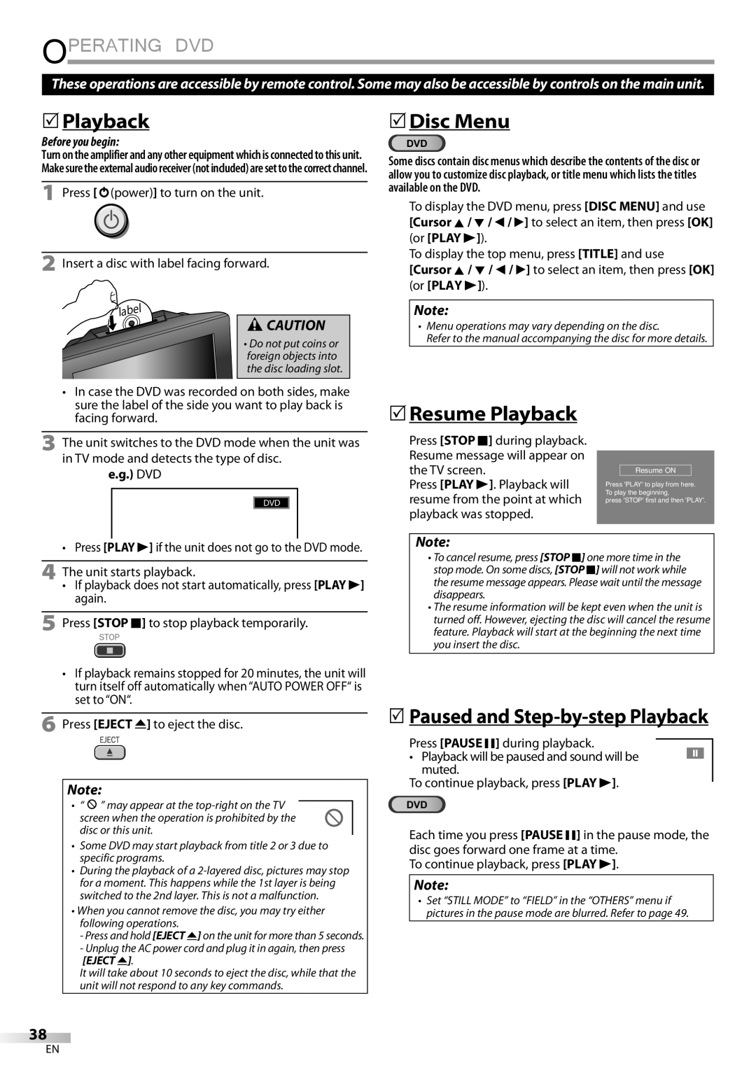 Philips 26MD350B/F7 owner manual  Playback,  Disc Menu,  Resume Playback, Dvd 