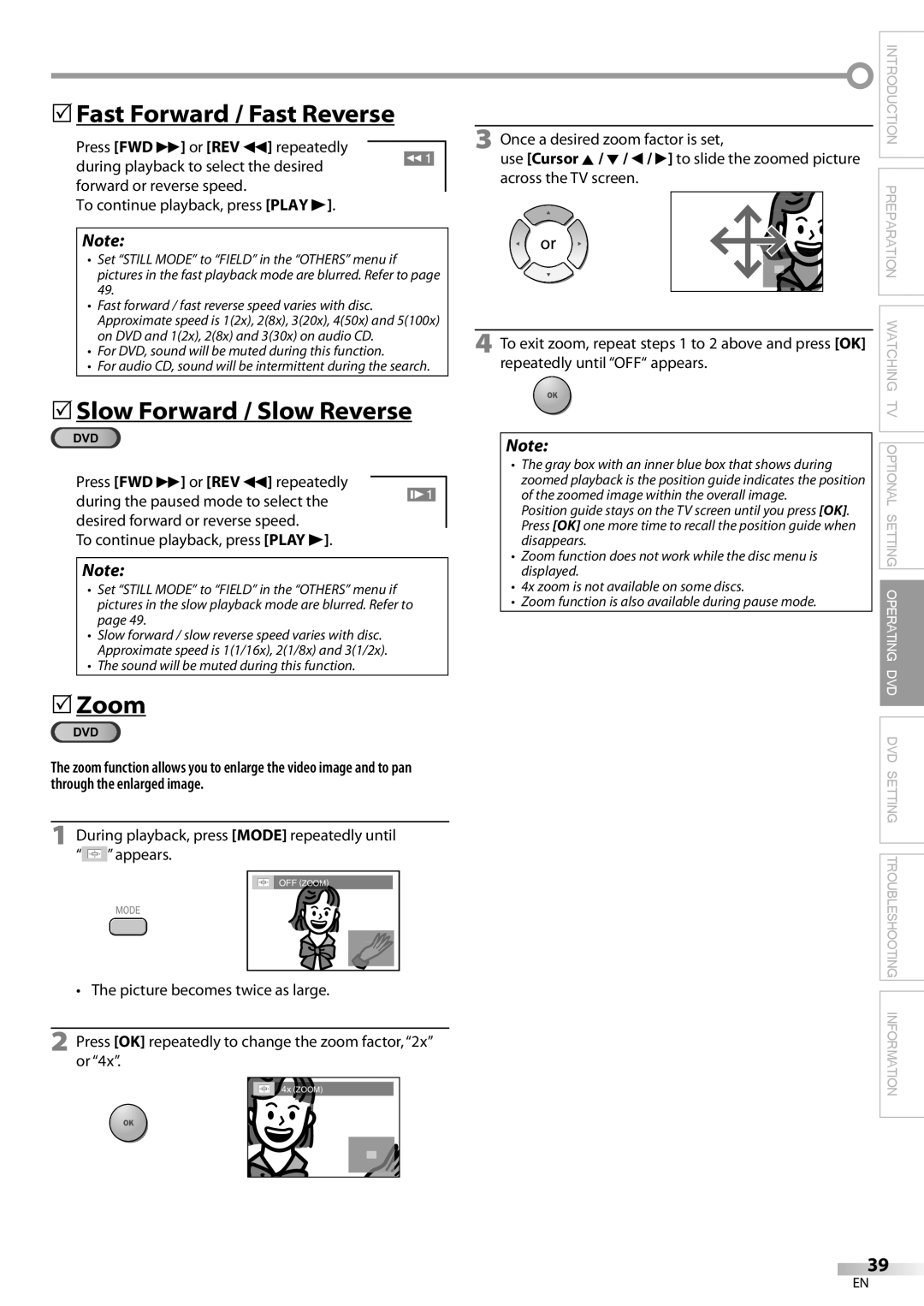 Philips 26MD350B/F7 owner manual  Fast Forward / Fast Reverse,  Slow Forward / Slow Reverse,  Zoom 