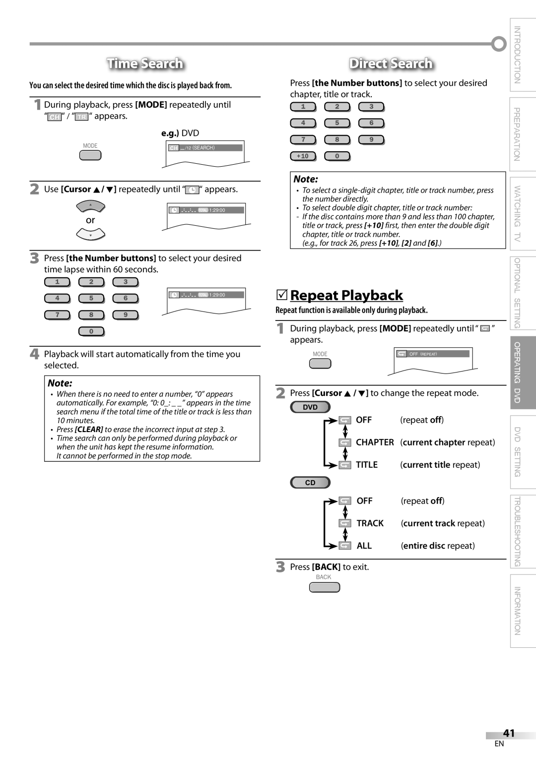 Philips 26MD350B/F7 owner manual Time Search, Direct Search,  Repeat Playback 