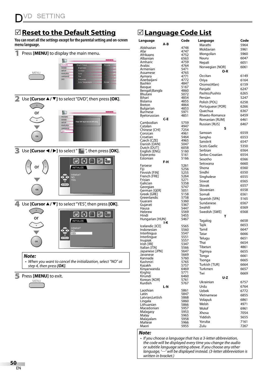 Philips 26MD350B/F7 owner manual  Reset to the Default Setting  Language Code List 