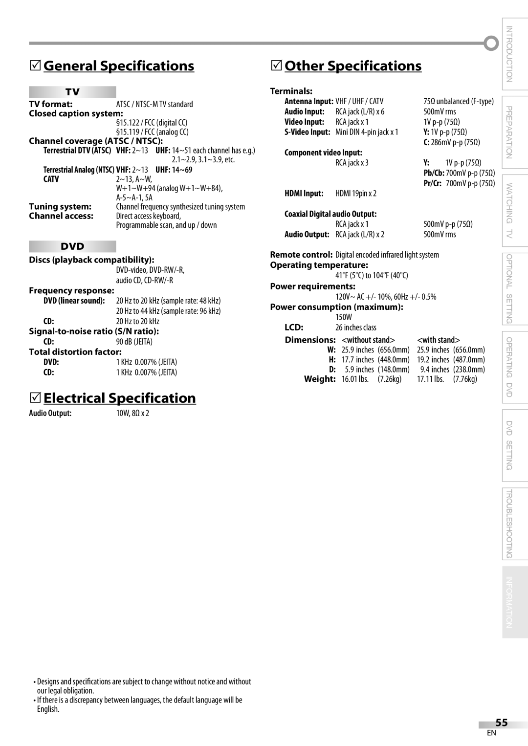 Philips 26MD350B/F7 owner manual  General Specifications,  Electrical Specification,  Other Specifications, Catv, Lcd 