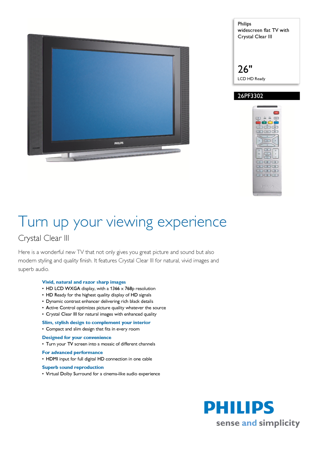 Philips 26PF3302 manual Vivid, natural and razor sharp images, Slim, stylish design to complement your interior 