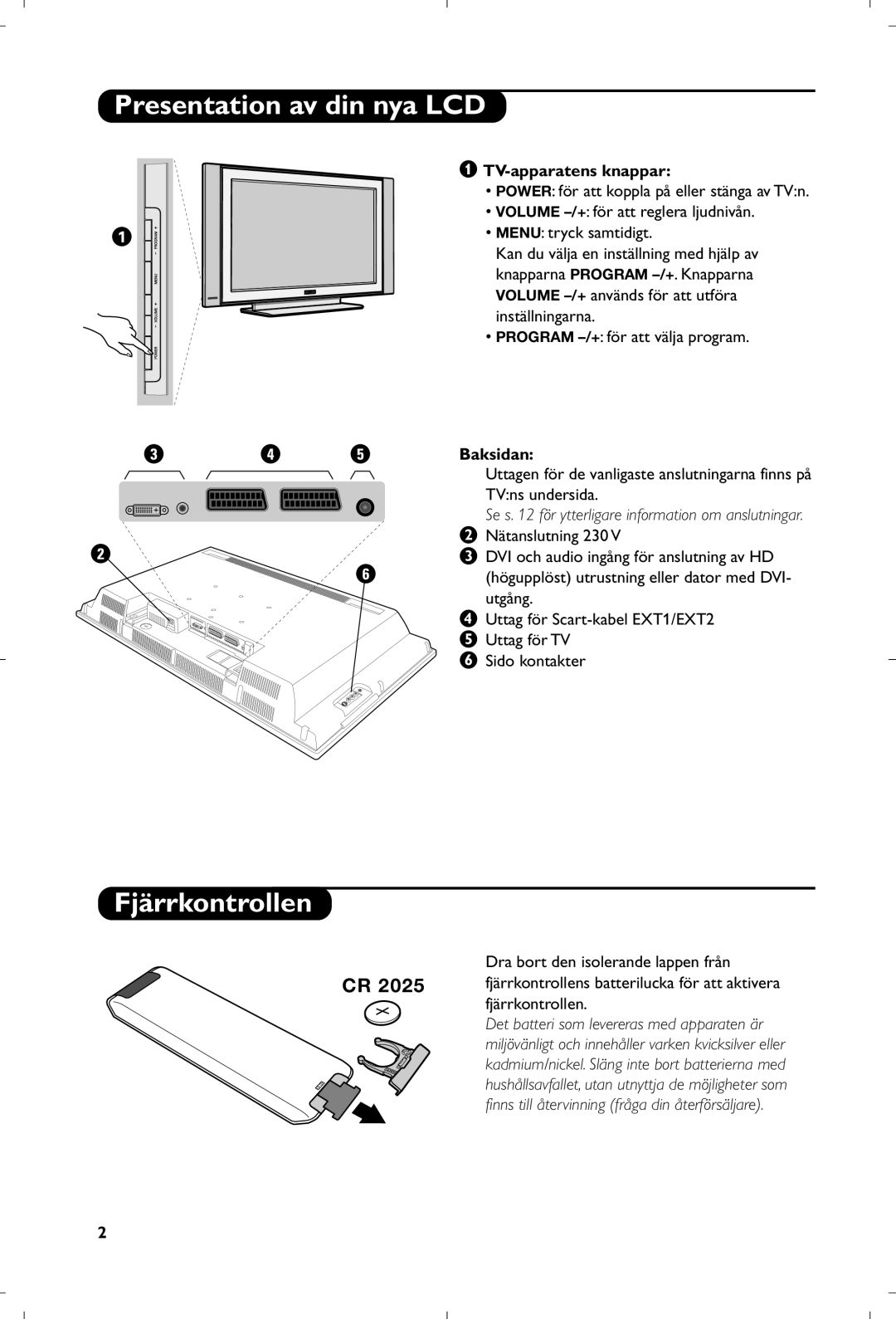 Philips 26PF5320/10 manual Presentation av din nya LCD, Fjärrkontrollen, TV-apparatens knappar, Baksidan 