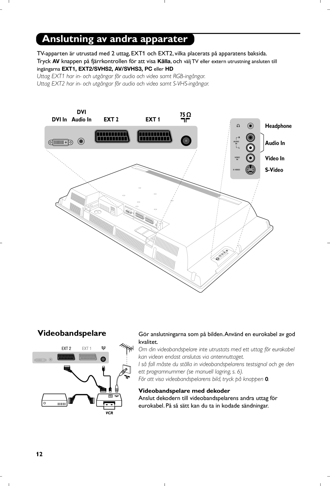 Philips 26PF5320/10 manual Anslutning av andra apparater, Videobandspelare med dekoder 