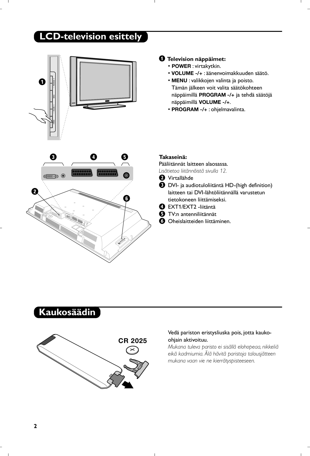 Philips 26PF5320/10 manual LCD-television esittely, Kaukosäädin, Television näppäimet, Takaseinä 