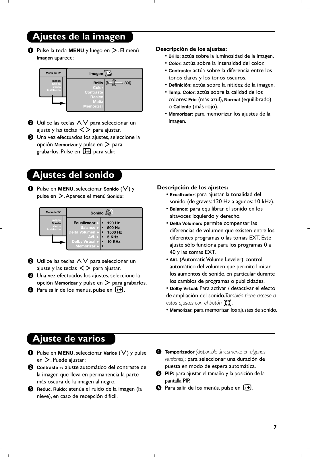 Philips 26PF5320/10 manual Ajustes de la imagen, Ajustes del sonido, Ajuste de varios, Descripción de los ajustes 