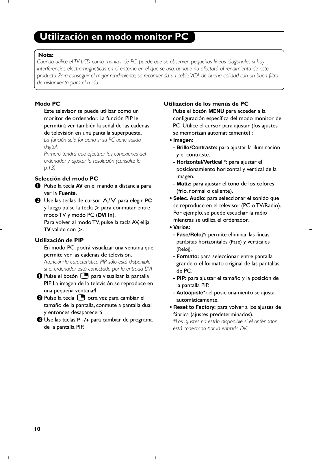 Philips 26PF5320/10 manual Utilización en modo monitor PC, Modo PC, Selección del modo PC, Utilización de PIP 