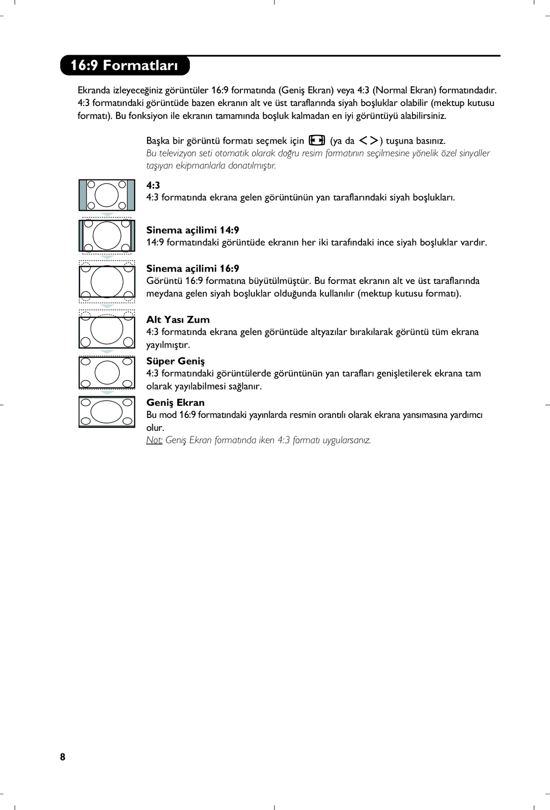 Philips 26PF5320/10 manual Formatlar›, Sinema açilimi, Alt Yas› Zum, Süper Geniﬂ, Geniﬂ Ekran 