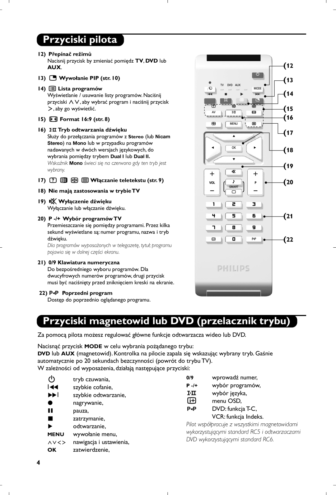Philips 26PF5320/10 manual Przyciski magnetowid lub DVD przelacznik trybu 