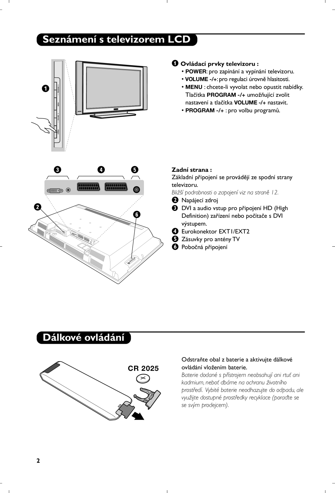 Philips 26PF5320/10 manual Seznámení s televizorem LCD, Dálkové ovládání, Ovládací prvky televizoru, Zadní strana 