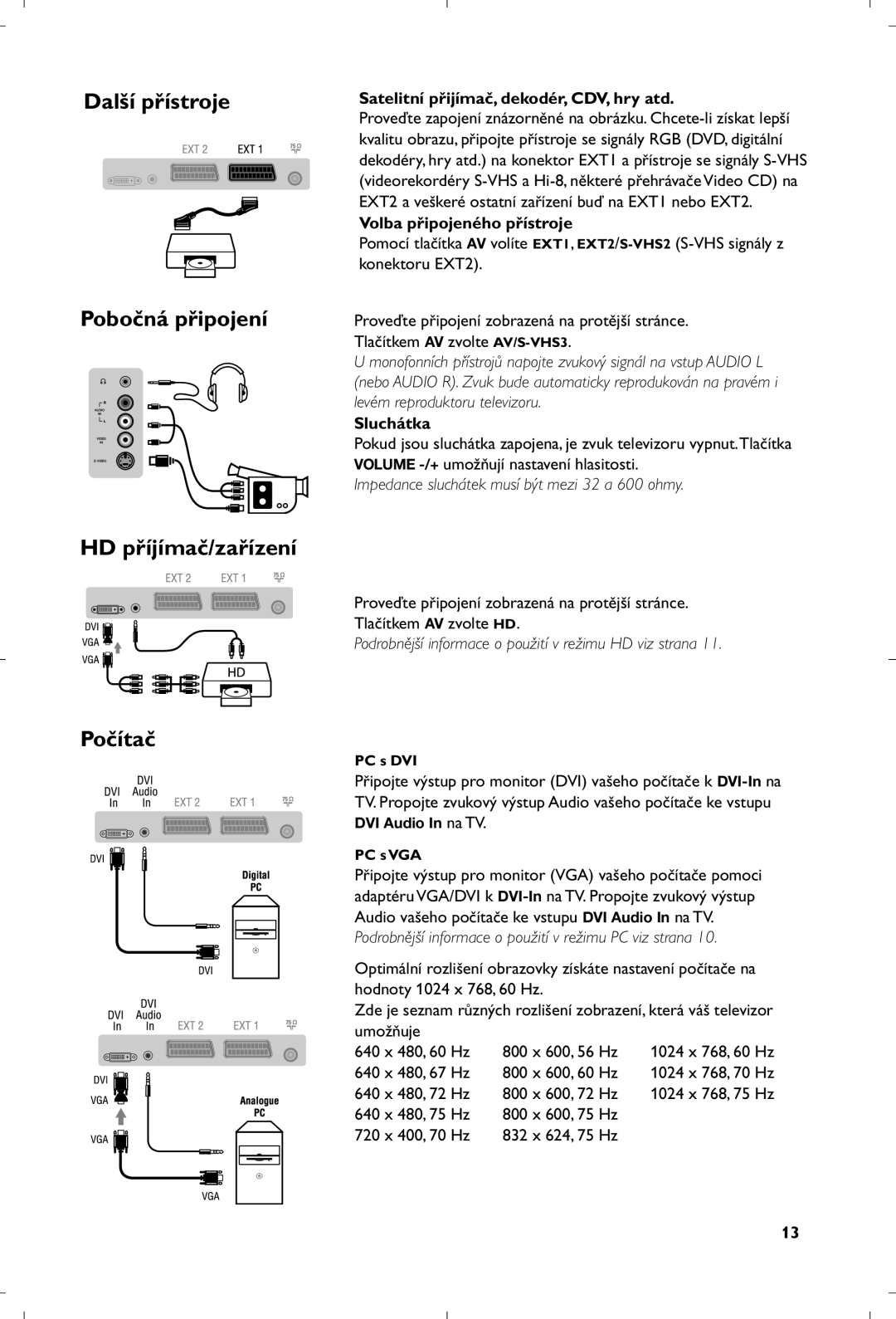 Philips 26PF5320/10 manual Další přístroje Pobočná připojení HD příjímač/zařízení, Počítač, Volba připojeného přístroje 