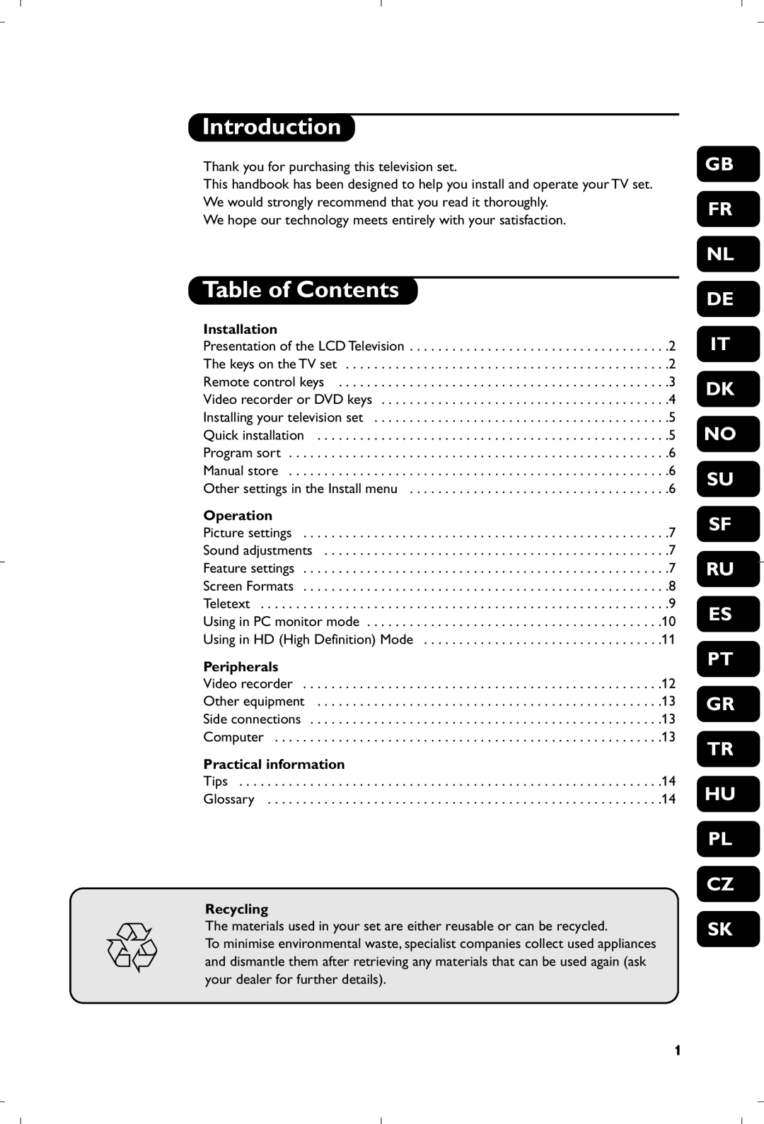 Philips 26PF5320/10 manual Introduction, Table of Contents 