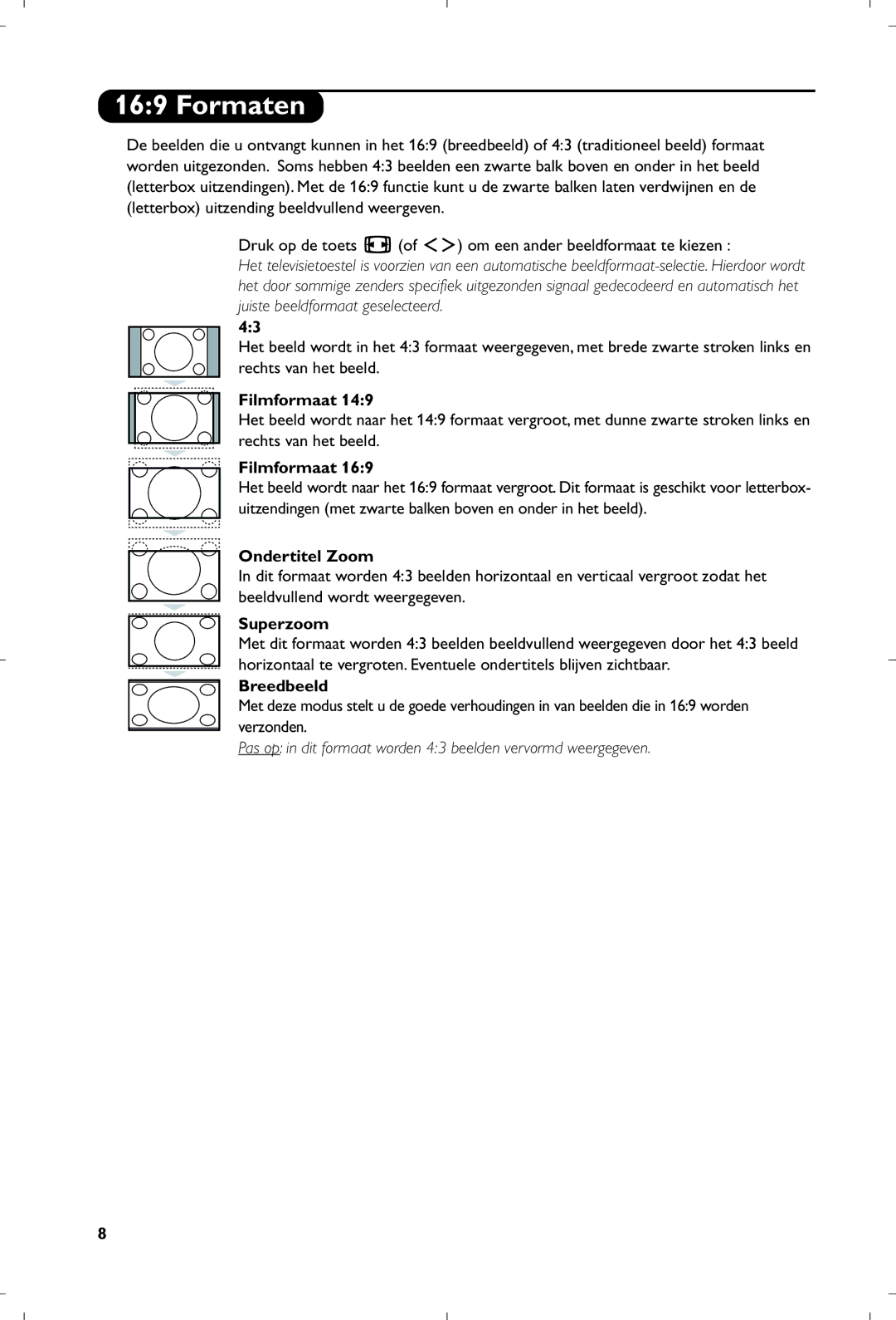 Philips 26PF5320/10 manual Formaten, Filmformaat, Ondertitel Zoom, Breedbeeld 