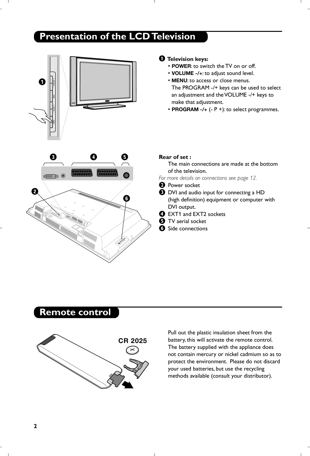 Philips 26PF5320/10 manual Presentation of the LCD Television, Remote control, Television keys, Rear of set 